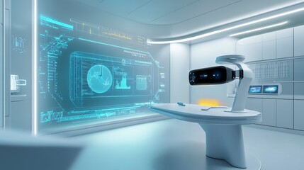 Futuristic lab interior with holographic displays and robotic arm.