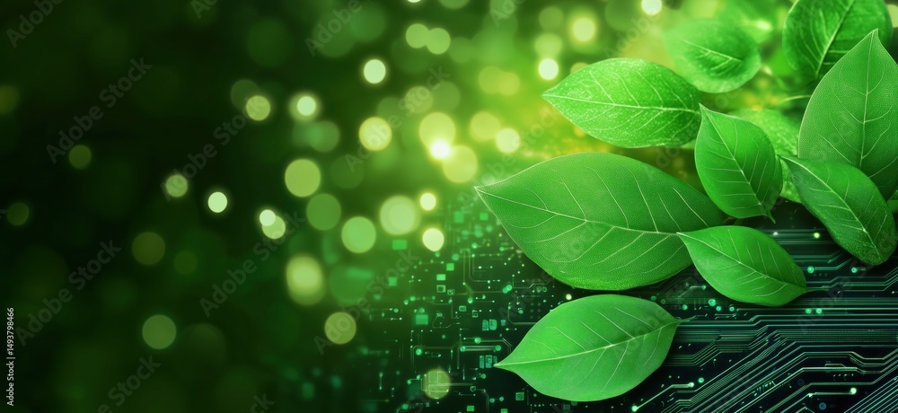 Poster green leaves on circuit board background symbolizing technology and nature integration