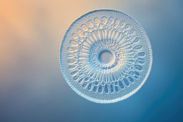 Microscopic image of a diatom, showcasing intricate circular patterns and delicate structures.