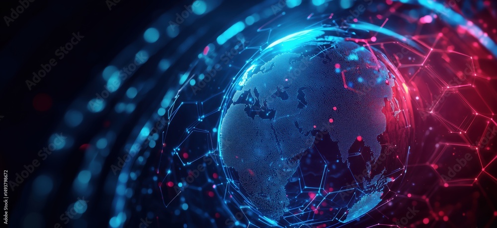 Poster digital globe with glowing network connections and hexagonal patterns in blue and red