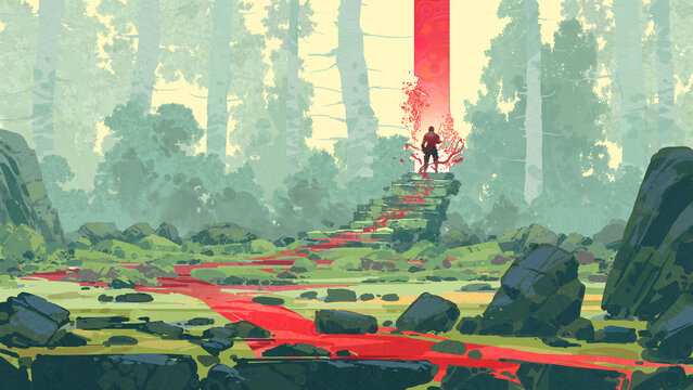 Fototapeta A lone figure stands before a mysterious red portal atop moss-covered ruins in a dense forest with glowing red energy flowing along the ground, digital art style, illustration painting