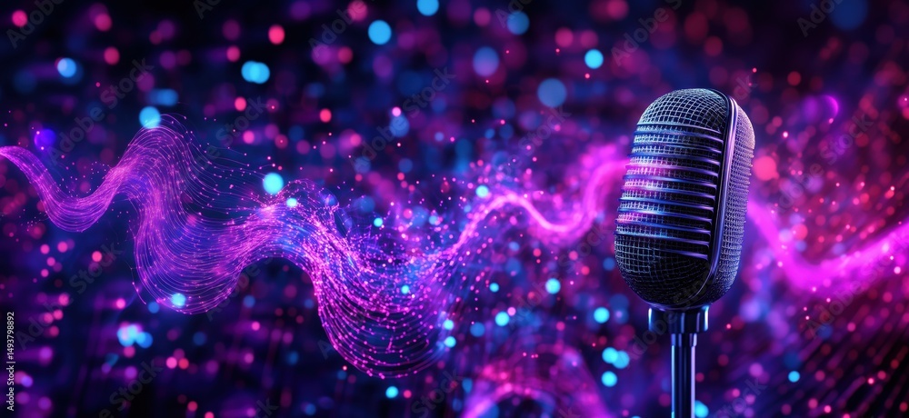 Poster microphone with vibrant sound waves and colorful bokeh background for music themes