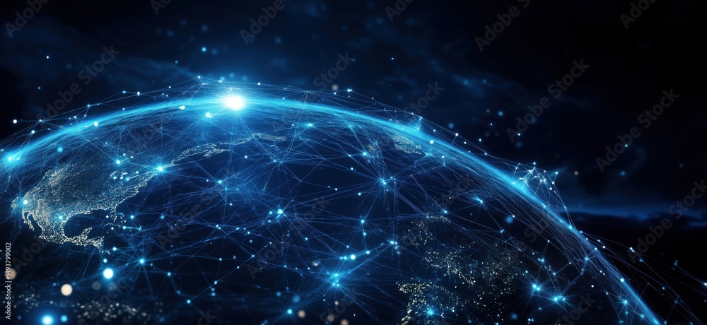 Poster global network connections illuminated over earth with digital data streams