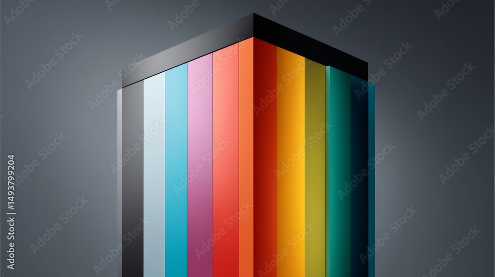 Poster a vibrant and modern color block design on a sleek geometric object.