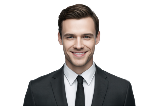 Smiling young businessman in a suit portrait of a confident professional isolated on white background