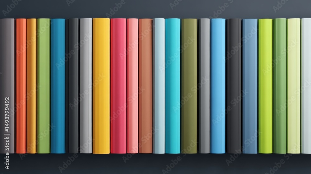 Poster A vibrant array of colorful papers displayed in neat vertical alignment.