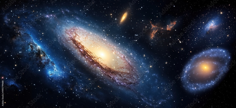 Poster stunning view of multiple galaxies in deep space showcasing vibrant colors and cosmic structures