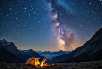 Camping under the starry sky with a campfire in the mountains at night