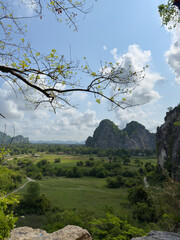 Panoramic View of Kampong Trach Mountain Park and Limestone Mountains in Cambodia.., Kep Province