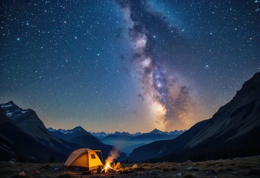 Camping under the starry sky with a campfire in the mountains at night - Powered by Adobe