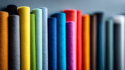A vibrant collection of rolled colorful fabrics displayed in a neat arrangement.
