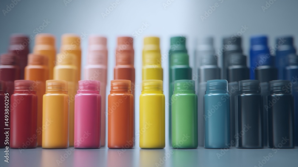 Poster a vibrant display of colorful paint bottles arranged in a neat row for creative inspiration.