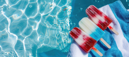 Summer Poolside Relaxation with Melting Red, White, and Blue Popsicles and Striped Towels
