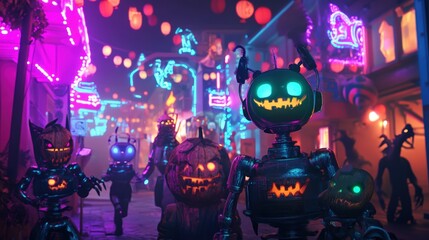 Nighttime street scene with glowing decorations and robots.