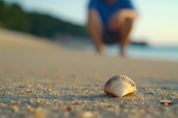 Obraz premium Close up of a sea shell resting on sandy beach with gentle waves in background