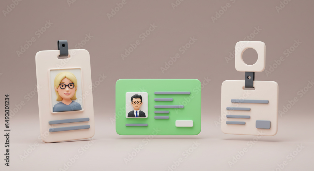 Poster badge icons set render illustration design employee card business access identity pass security 3d