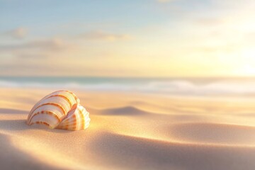 Obraz premium Shell on the beach during sunset with waves and soft sand in the background