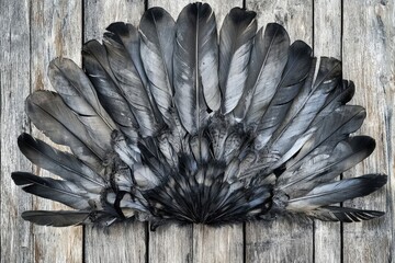 Naklejka premium A majestic arrangement of dark feathers, forming a fan-like shape against a rustic wooden backdrop.