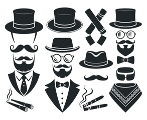 Stylish Gentleman s Accessories Set Hats Mustaches Glasses Bow Ties and Cigars