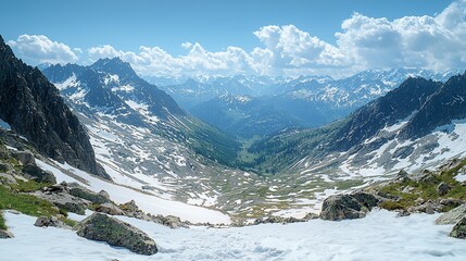 Fototapeta premium Panoramic view of a snow-capped mountain valley, with green meadows below and a partly cloudy sky