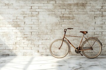 Obraz premium Rustic, vintage bicycle leans against a weathered white brick wall, bathed in sunlight.