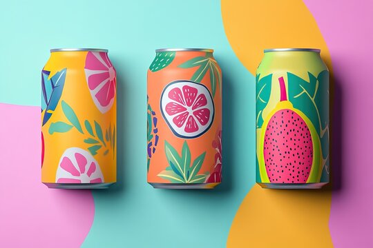 Summer-themed soda packaging with colorful fruit visuals. AI generated image