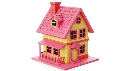 Adorable Cartoon House with Pink Roof Yellow Walls and Chimney 3D Illustration dream home fantasy