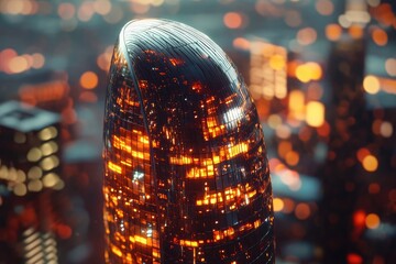 Futuristic cityscape at night, a glowing, curved skyscraper dominates the scene, showcasing modern architecture and urban design.