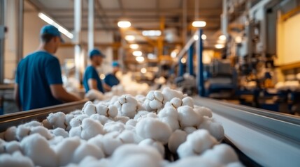 Raw cotton fibers travel on a conveyor belt in an eco-friendly factory, where workers oversee machinery, highlighting sustainability and efficiency