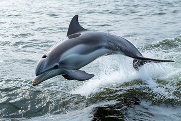Fototapeta premium A dolphin leaping from the water with splashes around its body in the ocean on a bright day image