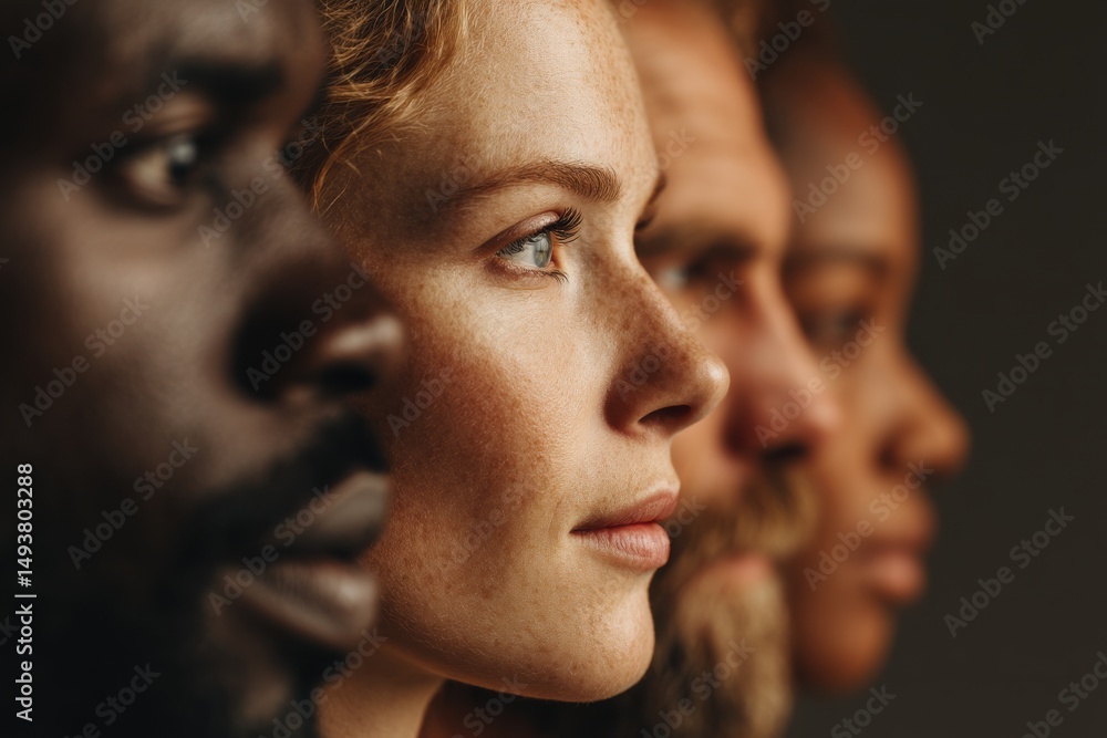 Poster close-up of diverse faces in a row, showing people from different ethnic backgrounds in a unified pr