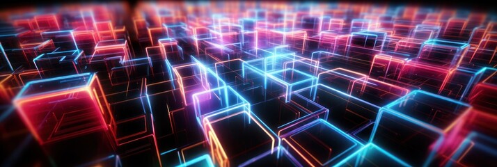 Radiant Neon Square in Stormy Sky with Fiery Glow and Mystical Abstract Sci-Fi Futuristic Concept. Cloud illuminated Cube With Neon Light Ring on Night Sky. Glowing Geometric Shape with Copy Space.