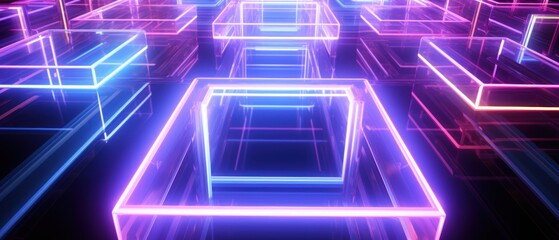 Radiant Neon Square in Stormy Sky with Fiery Glow and Mystical Abstract Sci-Fi Futuristic Concept. Cloud illuminated Cube With Neon Light Ring on Night Sky. Glowing Geometric Shape with Copy Space.