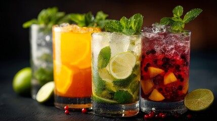 Summer cocktails in glasses on dark background Bar drinks with abstract lighting perfect for nightlife illustration