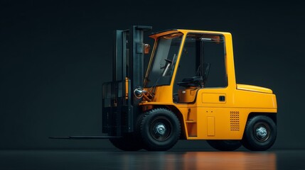 A yellow forklift truck in a dark environment, showcasing industrial machinery.