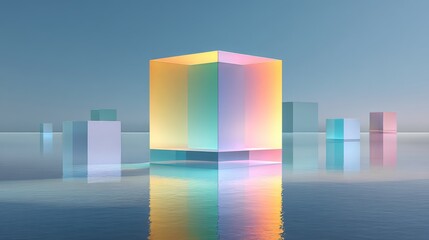 Abstract colorful cubes reflecting in calm water under a clear blue sky.