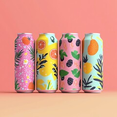 Fototapeta premium Summer-inspired fizzy drink cans with bold fruit graphics. AI generated image