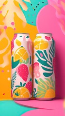 Fototapeta premium Playful fruit soda cans for a refreshing summer vibe. AI generated image
