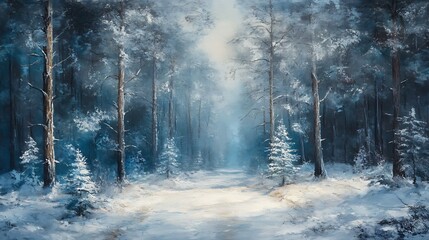 Fototapeta premium A winter forest path, glistening with frosted trees.