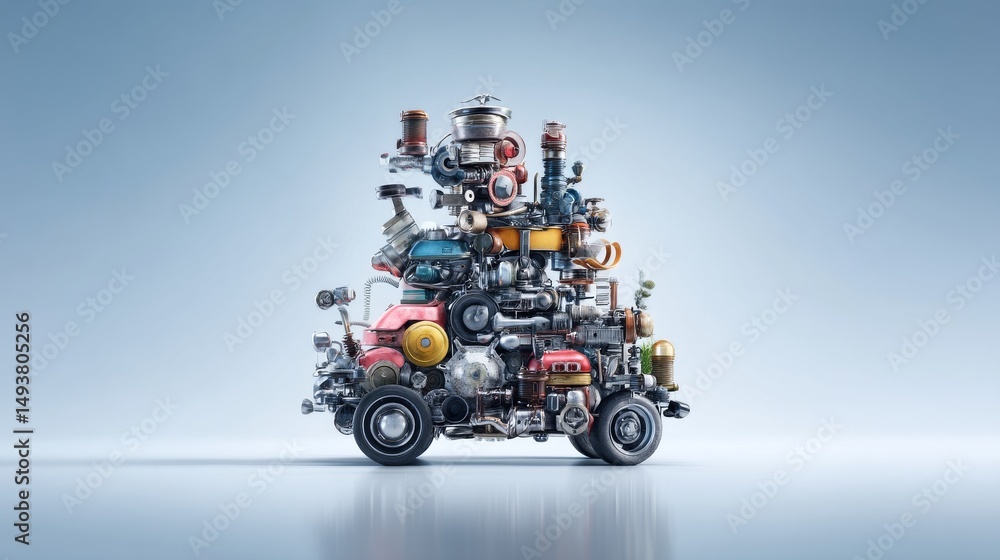 Poster an imaginative vehicle composed of various intricate mechanical elements.