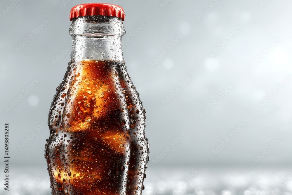 Poster close up of a refreshing bottle of cola with condensation and a red cap, providing a crisp and invit