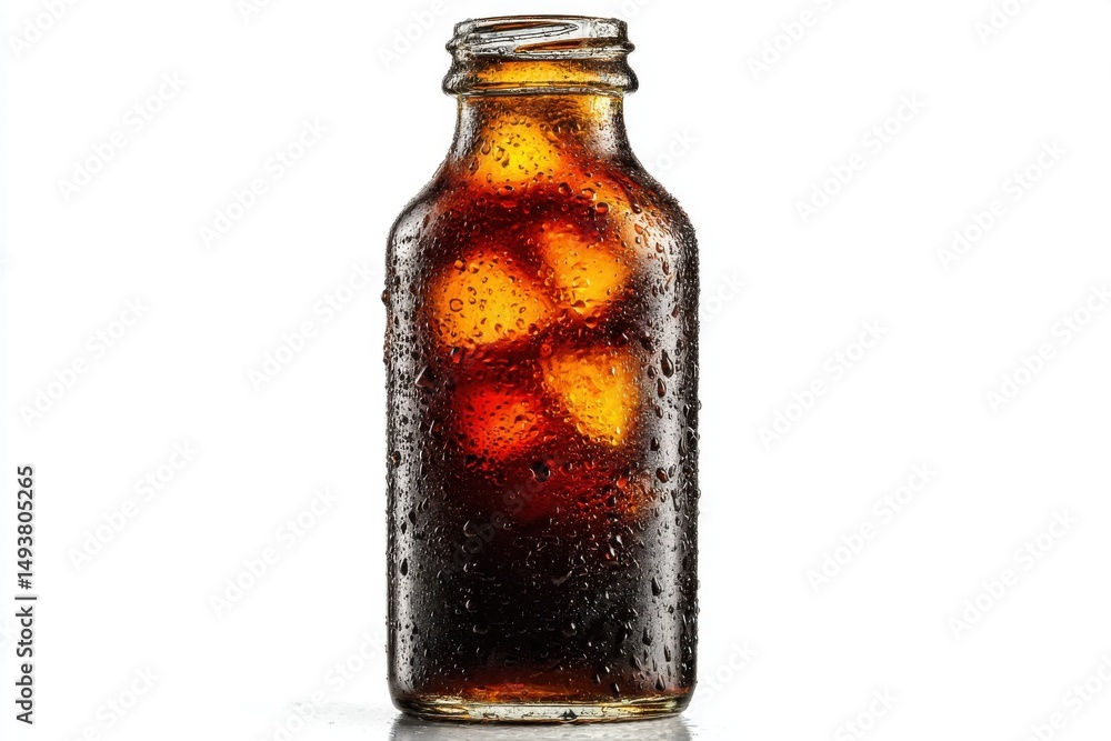 Poster a refreshing cold brew coffee in a glass bottle with ice cubes, condensation droplets creating a vis