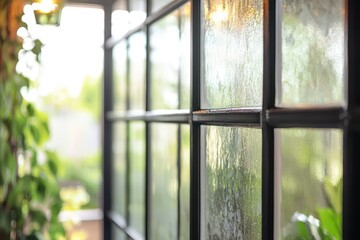 Fototapeta premium Foggy glass with greenery in bright light