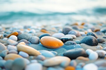 Close up view of a beach with colorful pebbles and smooth stones on the shoreline