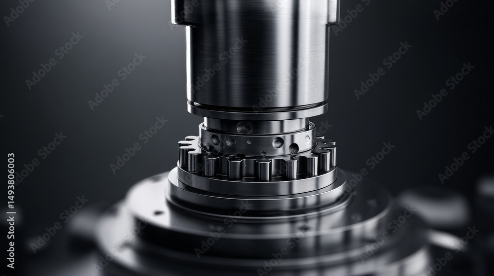 Poster close-up of a complex mechanical component in a modern industrial setting.