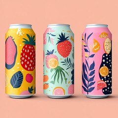 Obraz premium Tropical summer soda cans with artistic fruity designs. AI generated image