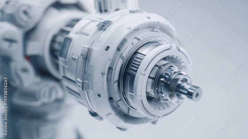 Poster close-up of a futuristic robotic mechanism showcasing intricate details and design.