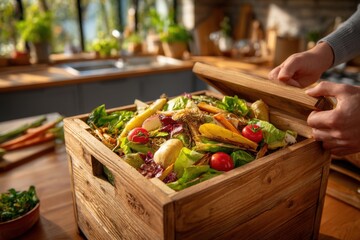 Close up of a compost bin in the kitchen, a responsible approach to waste, contributing to a sustainable lifestyle by processing kitchen scraps and biodegradable materials.