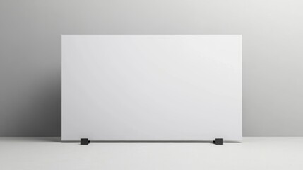 Blank white poster mockup on simple stand against a light gray wall.