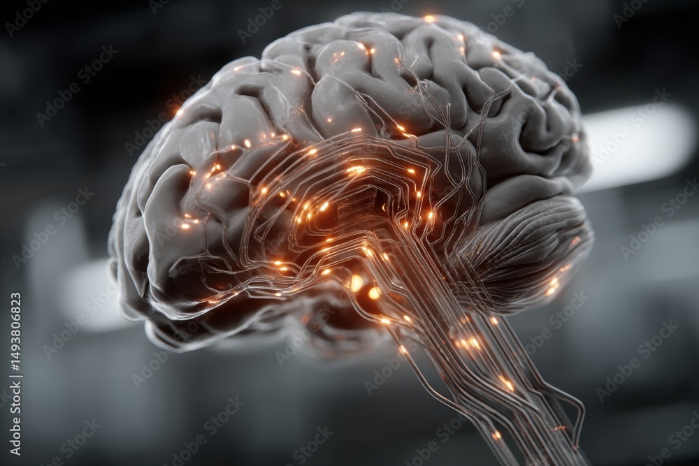 Poster anatomical brain model with glowing connections representing neural networks and artificial intellig